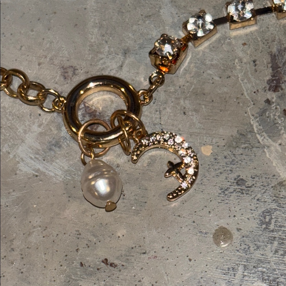 Betsey Johnson Gold and Rhinestone Necklace W/ Pearl & Crescent Charms - NWOT - Picture 3 of 4